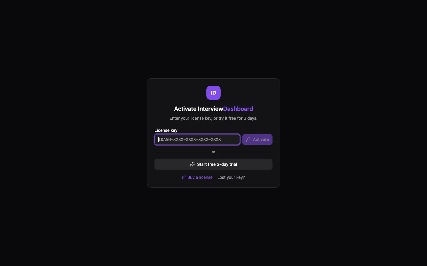 The activation screen: license key field with Activate button, and Start free 3-day trial