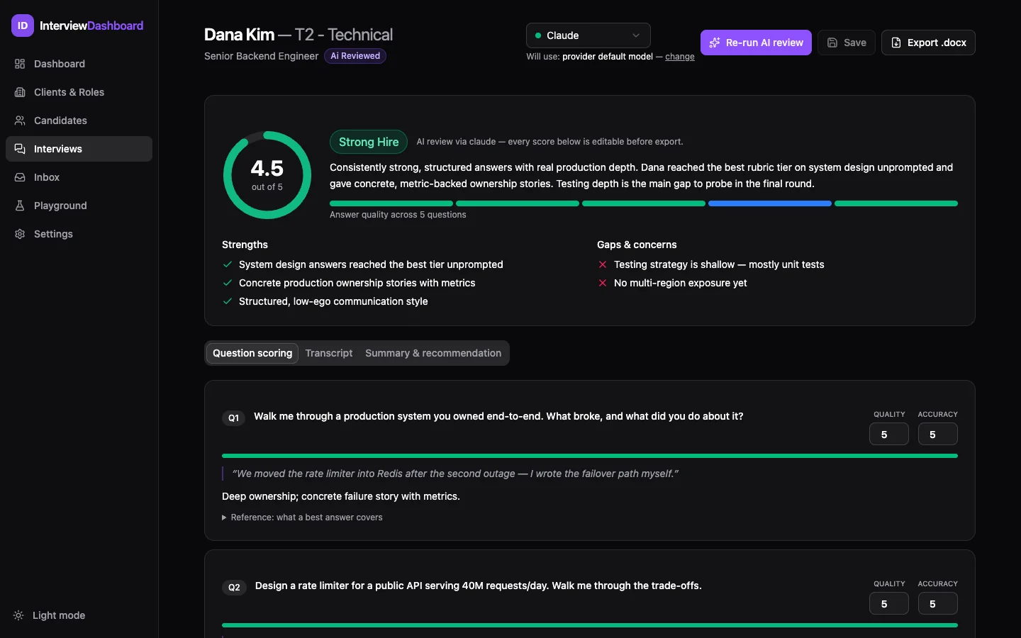 Interview review: score donut showing 4.5 out of 5, Strong Hire recommendation, strengths and gaps, and per-question cards with editable Quality and Accuracy scores and verbatim evidence quotes