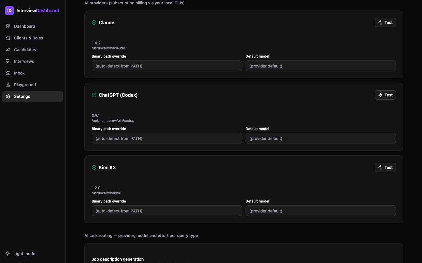 AI providers settings: cards for Claude, ChatGPT (Codex) and Kimi K3 with detected versions, binary path override and default model fields