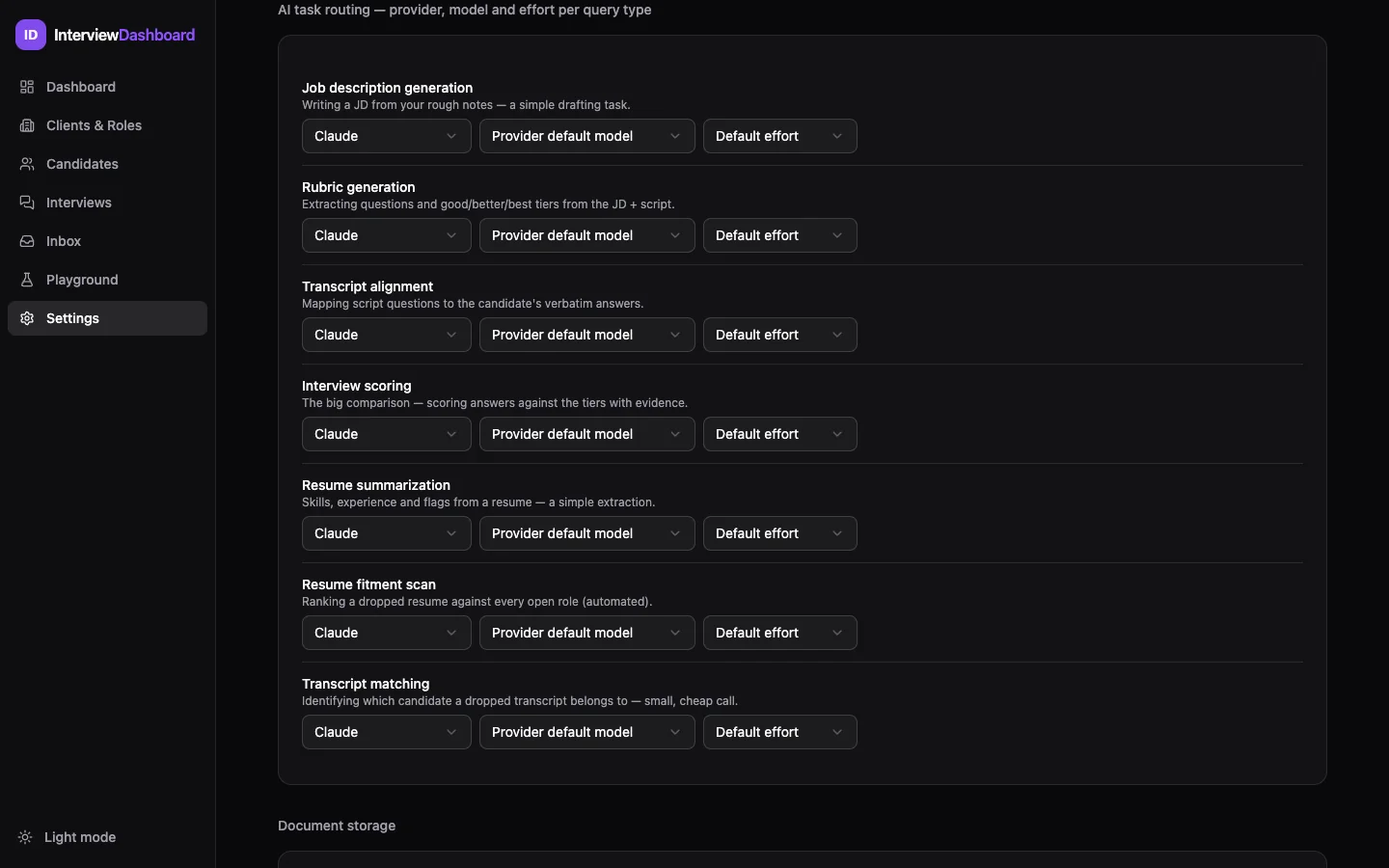 AI task routing settings: seven task rows (JD generation, rubric generation, transcript alignment, interview scoring, resume summarization, resume fitment scan, transcript matching), each with provider, model and effort selects