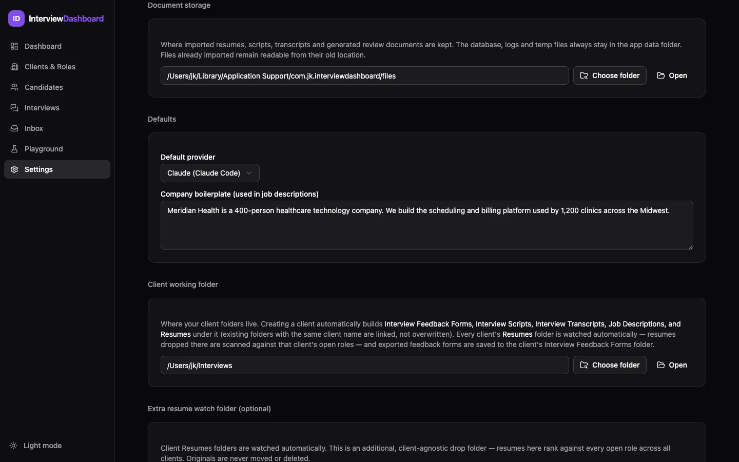 Settings sections: Document storage path, Defaults with default provider and company boilerplate, and Client working folder