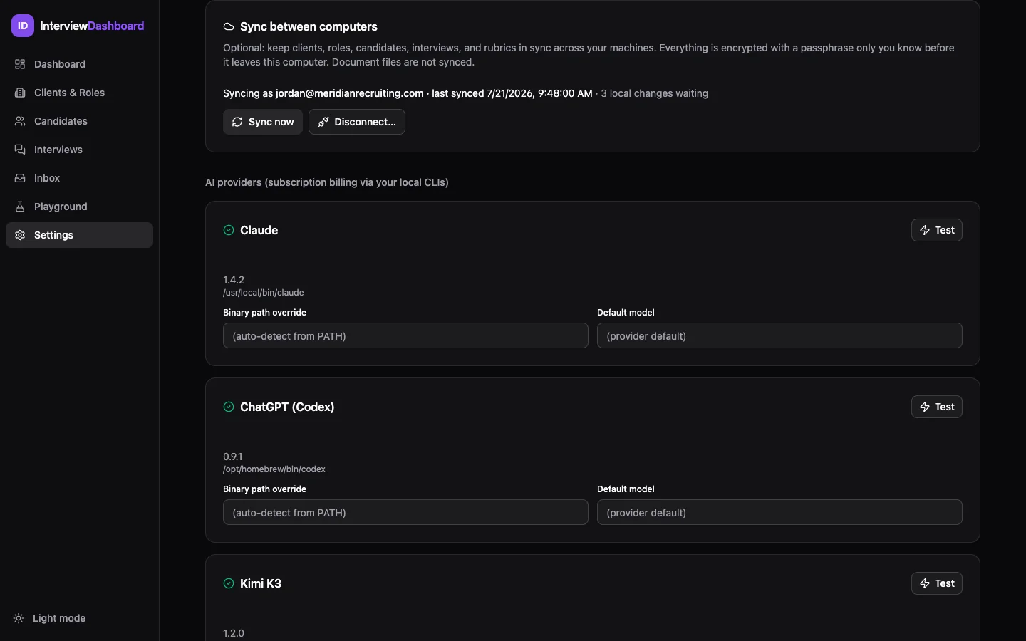 Sync settings panel in the enabled state: syncing as the account email, last synced time, local changes waiting, with Sync now and Disconnect buttons