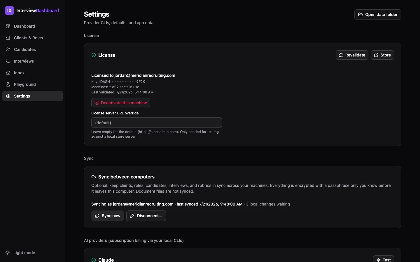 License settings panel: Licensed to the customer email, masked key, machines in use, last validated date, Deactivate this machine button, and license server URL override