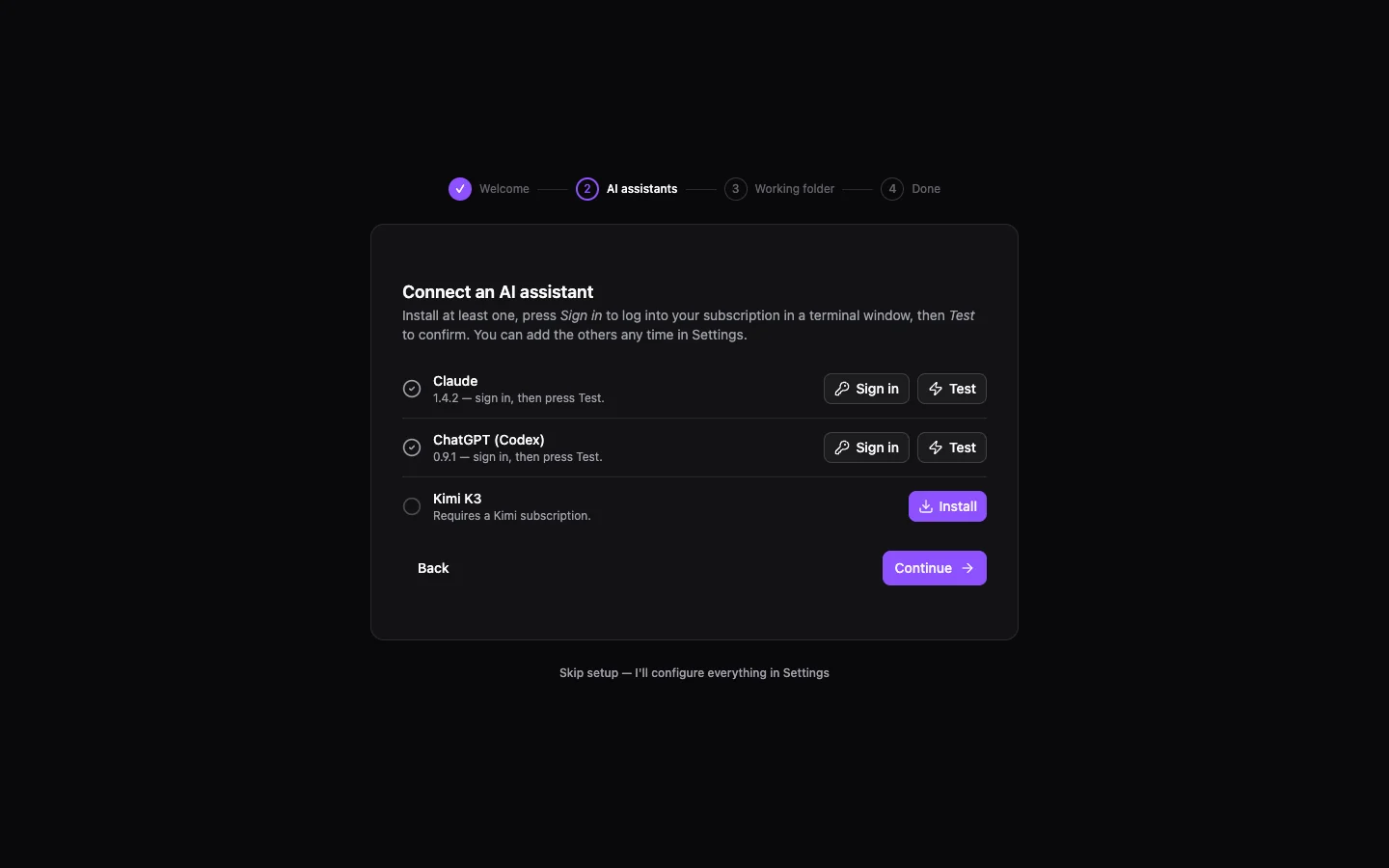 Setup wizard step 2: Connect an AI assistant, with Claude, ChatGPT (Codex) and Kimi K3 rows showing Sign in, Test and Install buttons