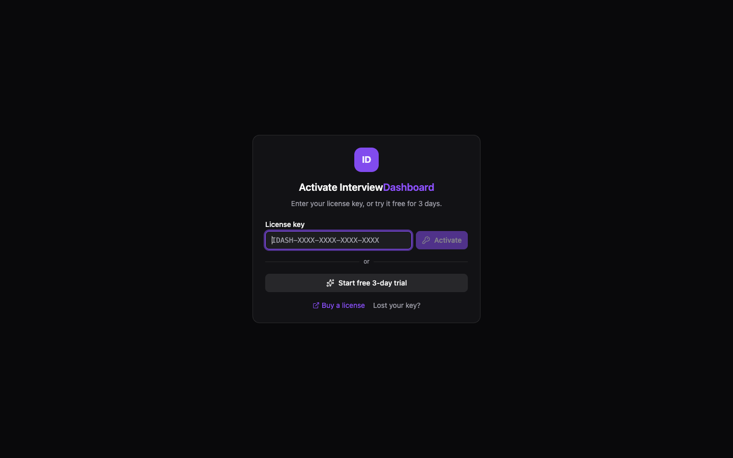 The activation screen: license key field with Activate button, and Start free 3-day trial