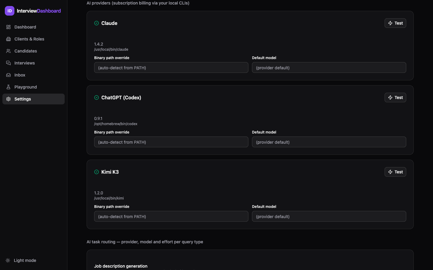 AI providers settings: cards for Claude, ChatGPT (Codex) and Kimi K3 with detected versions, binary path override and default model fields
