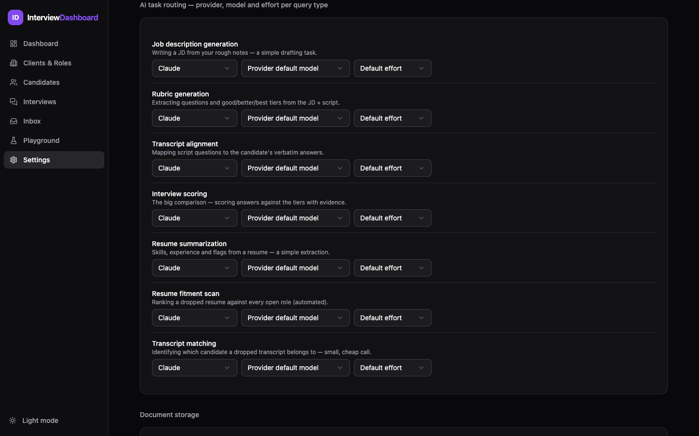 AI task routing settings: seven task rows (JD generation, rubric generation, transcript alignment, interview scoring, resume summarization, resume fitment scan, transcript matching), each with provider, model and effort selects