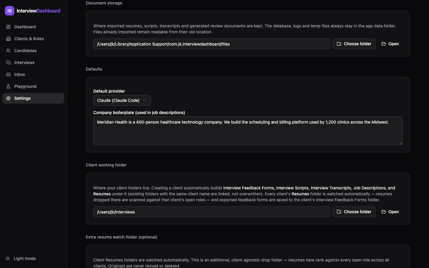 Settings sections: Document storage path, Defaults with default provider and company boilerplate, and Client working folder