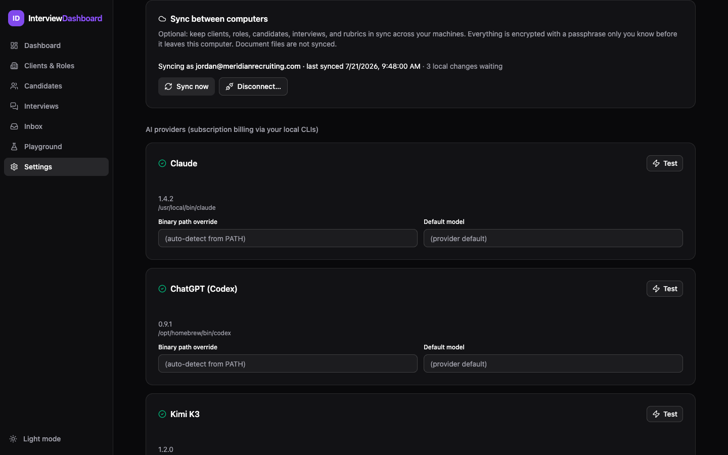 Sync settings panel in the enabled state: syncing as the account email, last synced time, local changes waiting, with Sync now and Disconnect buttons
