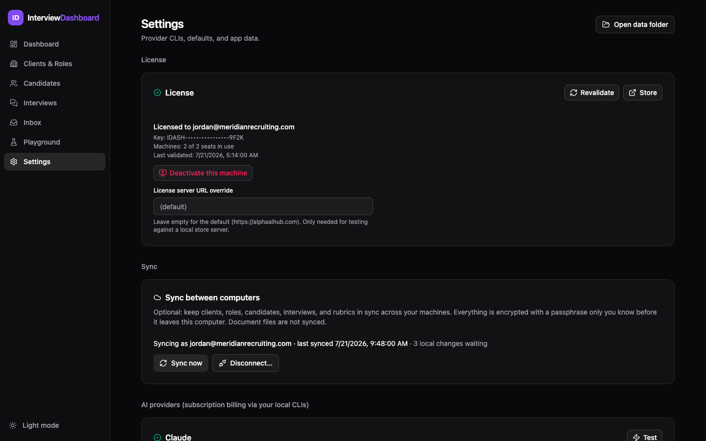 License settings panel: Licensed to the customer email, masked key, machines in use, last validated date, Deactivate this machine button, and license server URL override